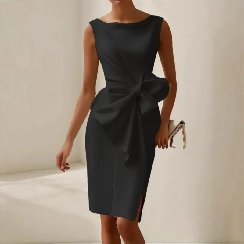 Vestidos por debajo de la rodilla calados sin mangas para mujer, vestido Sexy elegante con cuello redondo en la cintura, vestido envuelto con lazo, vestido de fiesta de oficina, Vestidos nuevos