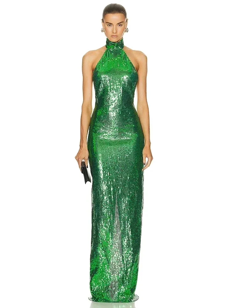 

Sexy Halter Backless Sequins Long Dress Women Sleeveless Green Luxury Sequins Slim Maxi Dress Elegant Celebrity Party Dresses