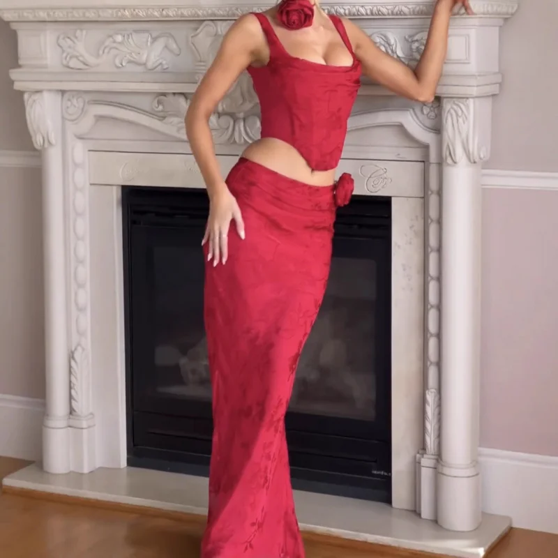 

European and American Women's New Best-Selling New Type Red Flower Dress Halter Vest Two-Piece Set