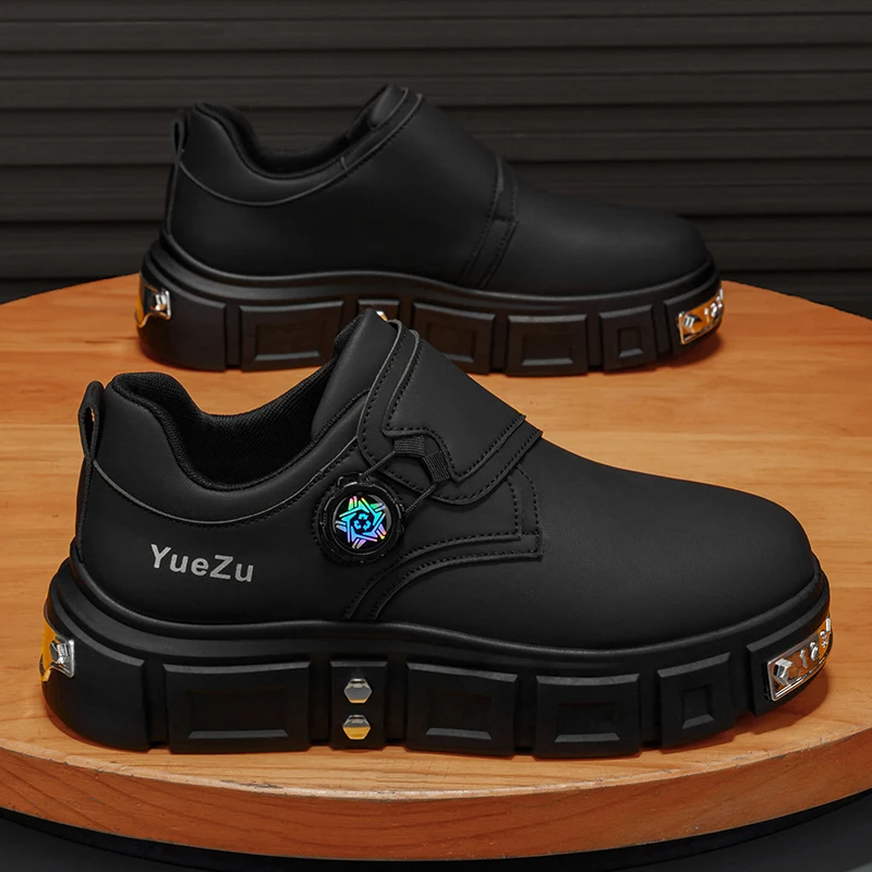 Men's Thick-Soled Work Shoes with Rotating Buckle, No-Lace Slip-On Trendy Height-Increasing Platform Shoes with Velcro, Versatile and Unique Metal-Decorated Casual Work Shoes for Men