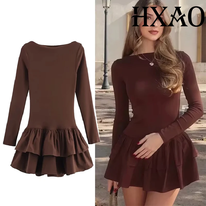 Hxao plissado vestidos curtos mulher 2025 plissado manga longa vestidos sólidos primavera em camadas novo vermelho preto vestido bodycon vestidos de festa