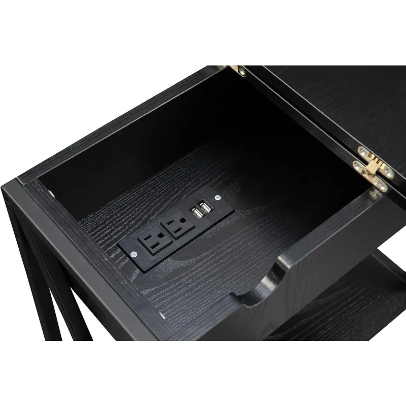 Черный торцевой столик 23,75 дюйма с USB-зарядной станцией — современный откидной журнальный столик для небольших помещений, гостиной и прикроватной тумбочки