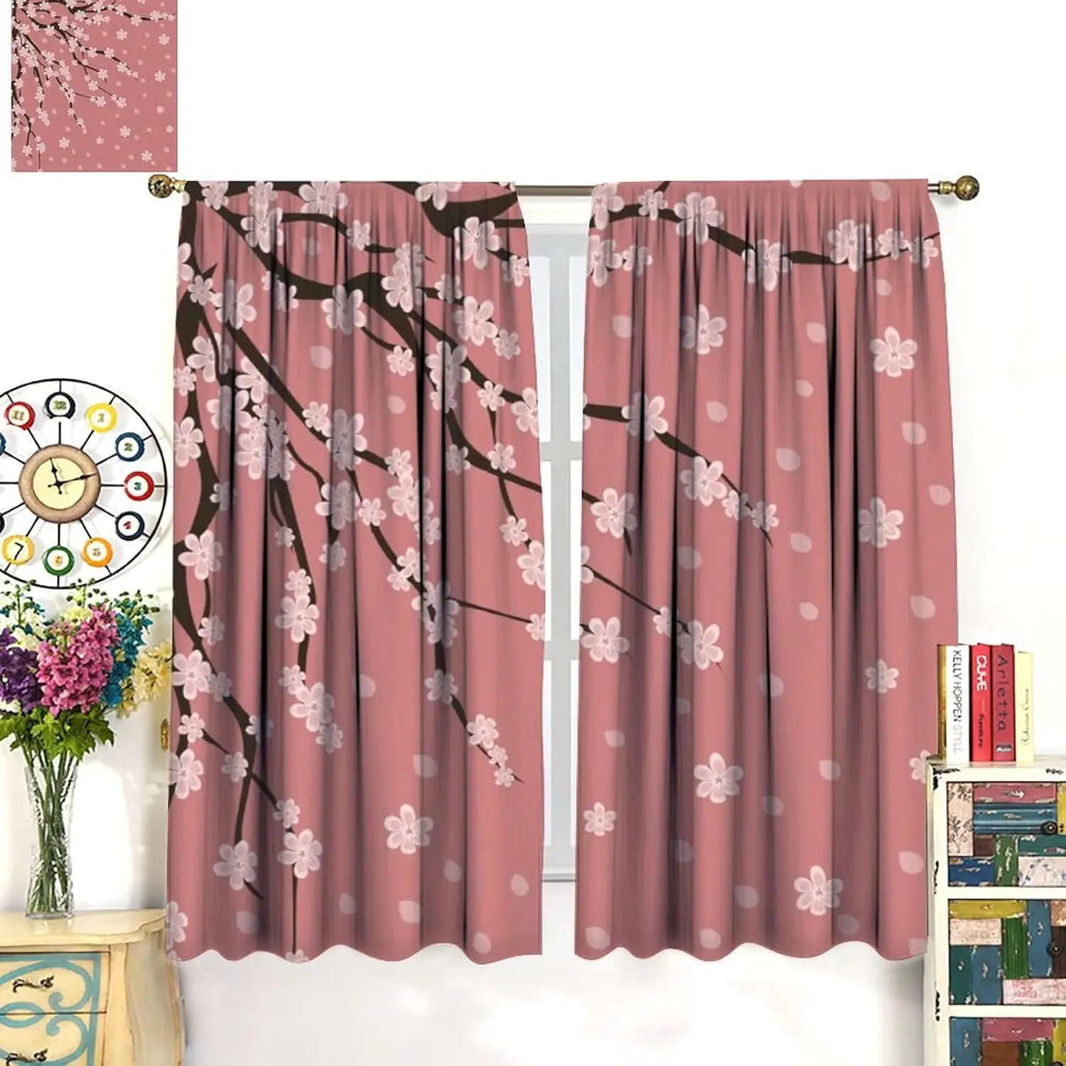 Japanese Cherry Blossom Blackout Curtains, Floral Branch 2 Panels Rod Pocket Drapes for Home Decor