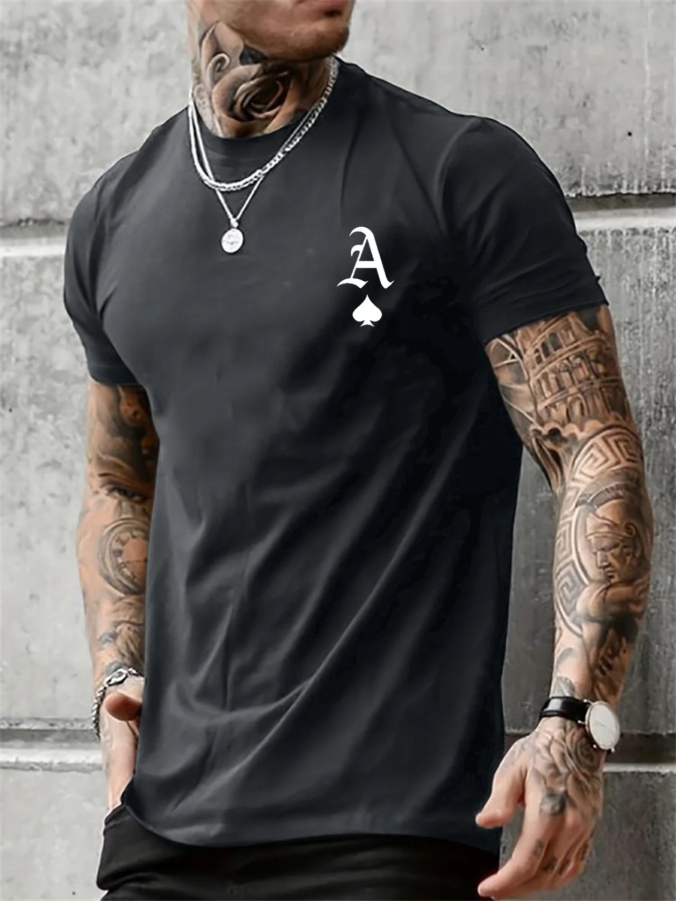 Summer men\'s 100% cotton casual loose fit large A letter print round neck short sleeved T-shirt top