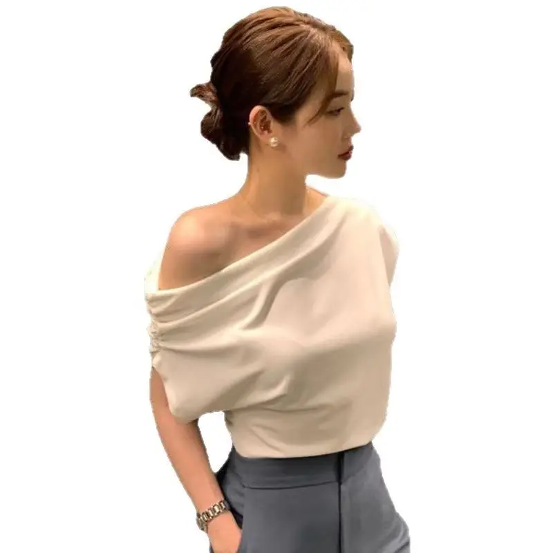 Shoulder Off Sexy Kpop T-shirts Women Y2K Loose Vintage Tops Korean Fashion Tees Shirts Cute Pleated Cheap Clothes Woman Tshirts