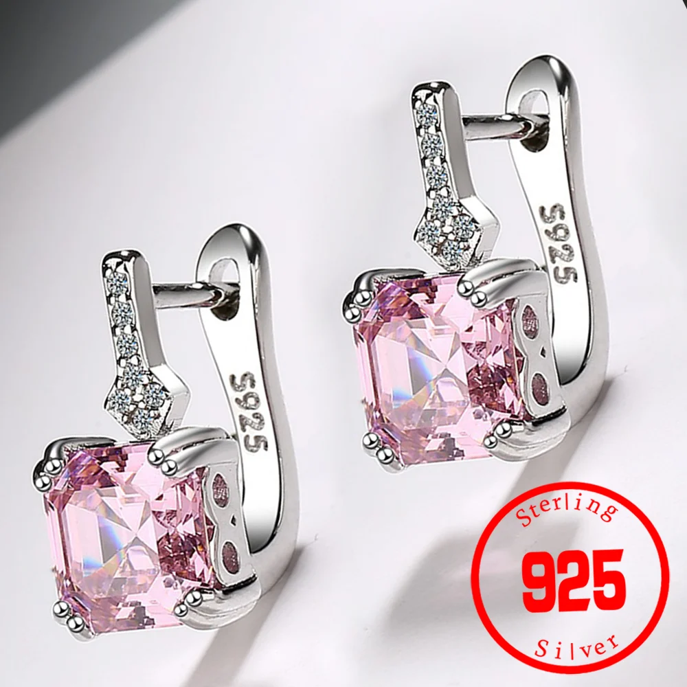 

Stamp 925 Sterling Silver Square Crystal Gemstone Hoop Earrings For Women Trendy Jewelry Girl Gift New