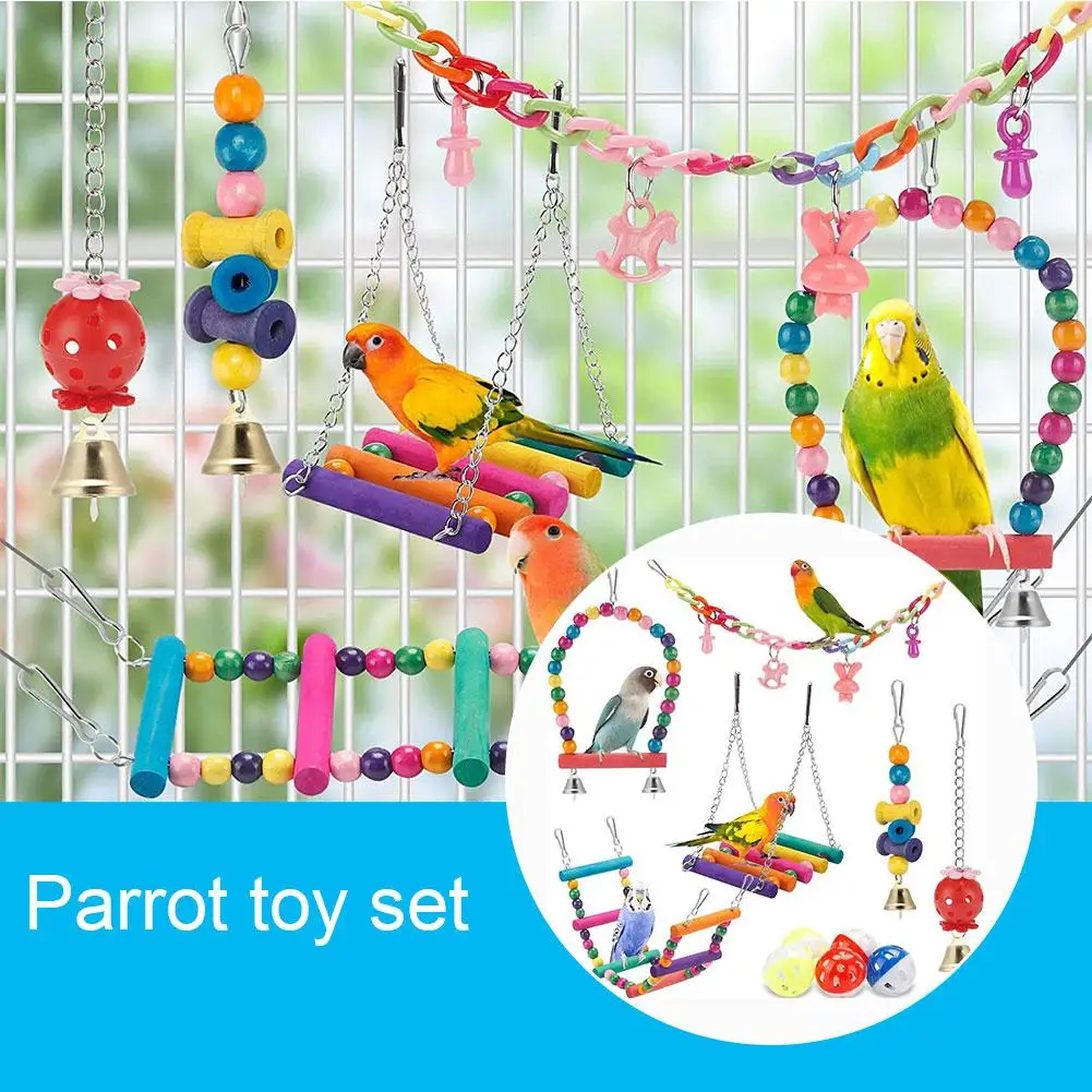 11pcs Bird Cage Toys Set For Parrots Wood Birds Swing Reliable Chewable Bite Bridge Bead-shaped Small To Medium Sized Bird Z1C0