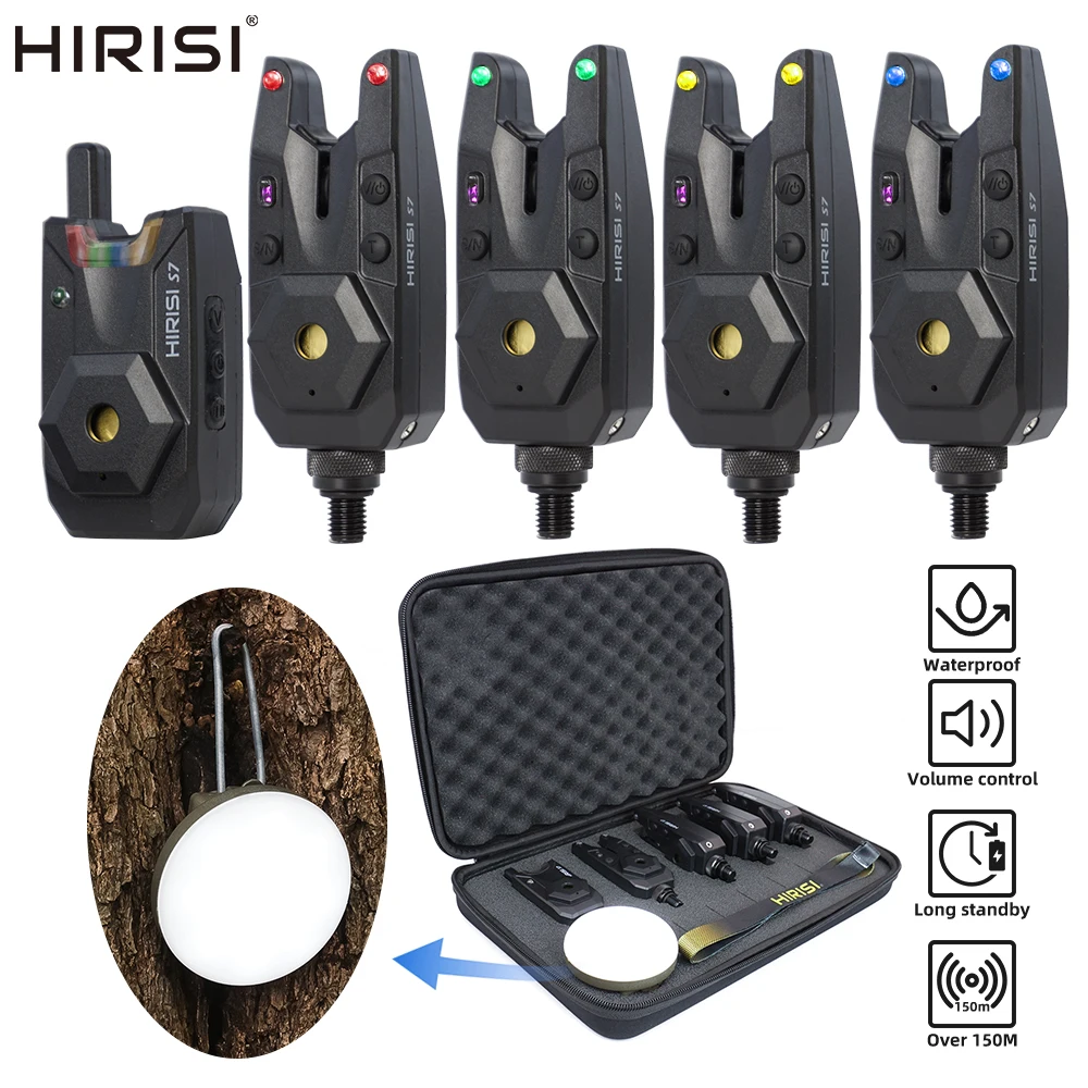 Hirisi Karpfenangel-Alarmset mit LED-Campinglampe 120m Reichweite Wasserdichtes Bissalarmsystem für Nachtangeln S7-4D ﻿