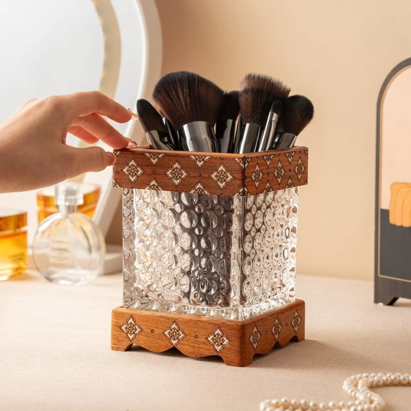 

Makeup Brush Holder Organize Solid Wood Desktop Cosmetic Storage Box Large Capacitylacquer Painting Desktop Storage Holder