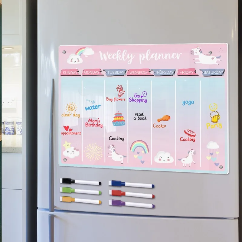 Cartoon Magnetic Acrylic Weekly Planner Message Board with Erasable Magnetic Fridge Sticker Whiteboard