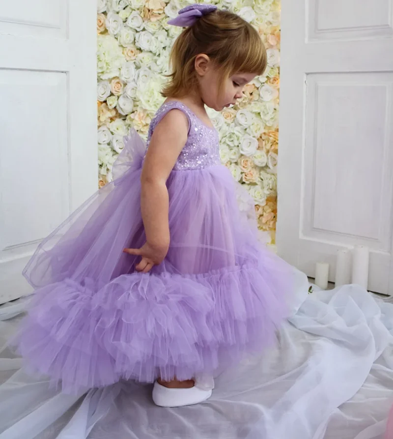 

New Lilac Flower Girl Dress O Neck Sequined Top Kids Birthday Party Dresses Baby Girl Princess First Communion Dress