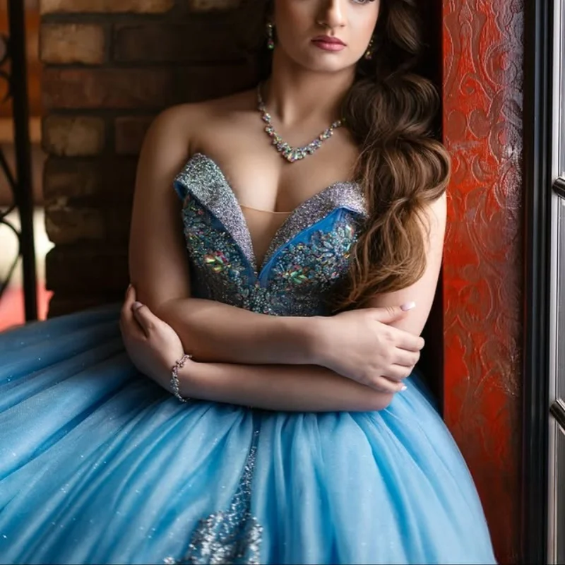 

Синие платья Quinceanera по индивидуальному заказу с открытыми плечами, блестящая наклейка, многослойное платье с длинным хвостом и бантом, Vestido 15, Quinceanera