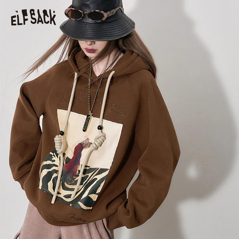 ELFSACK Graphic Fleece Hoodies Women 2023 Winter Korean Fashion Tops