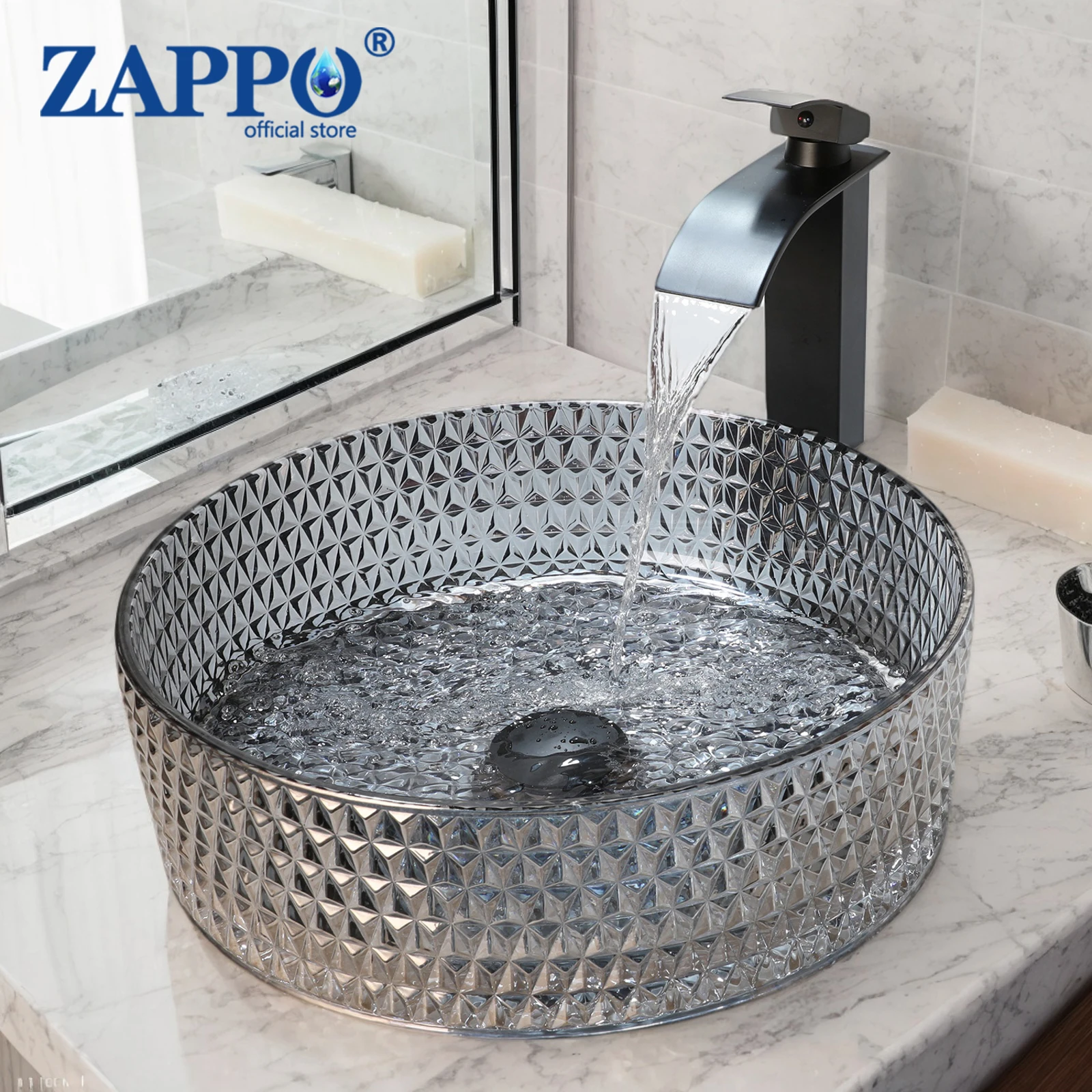 อ่างล้างหน้าแบบวางบนเคาน์เตอร์ ZAPPO สีเทา ผลิตจากแก้วคริสตัล พร้อมก๊อกน้ำแบบติดตั้งบนเคาน์เตอร์ สำหรับห้องน้ำ โรงแรม อ่างล้างหน้าแบบติดตั้งบนเคาน์เตอร์