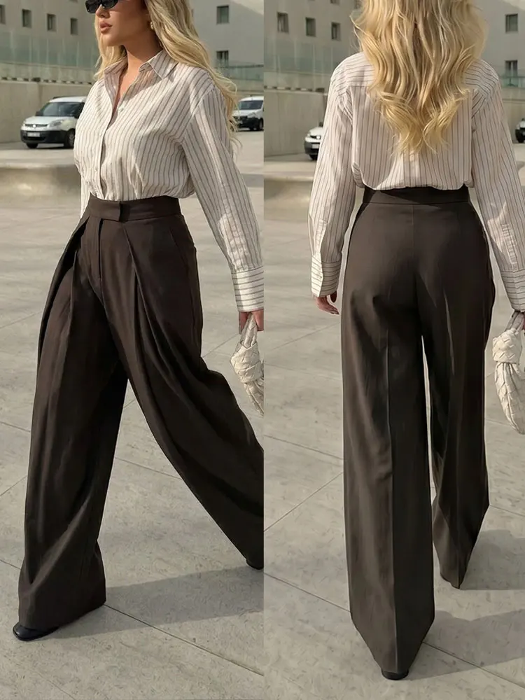 HH Damen Modehose, Einfarbig, Plissiert, Lange Weite Hose, Frühling 2026, Lässiger Minimalistischer Stil, Arbeitshose für Frauen