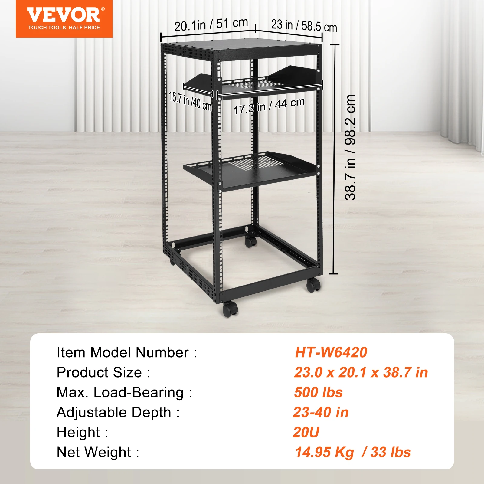 VEVOR Serverrek met open frame 12U/15U/20U Vloerstaand of wandmontage met verstelbare diepte voor Microdata Center Office-gebruik