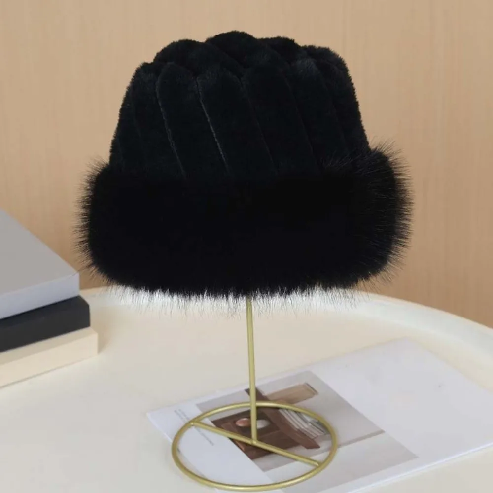 Vertical Texture Striped Fur Hat Faux Fur Brim Fleece Lining Trapper Hats Thermal Insulation Windproof Fluffy Winter Bonnet