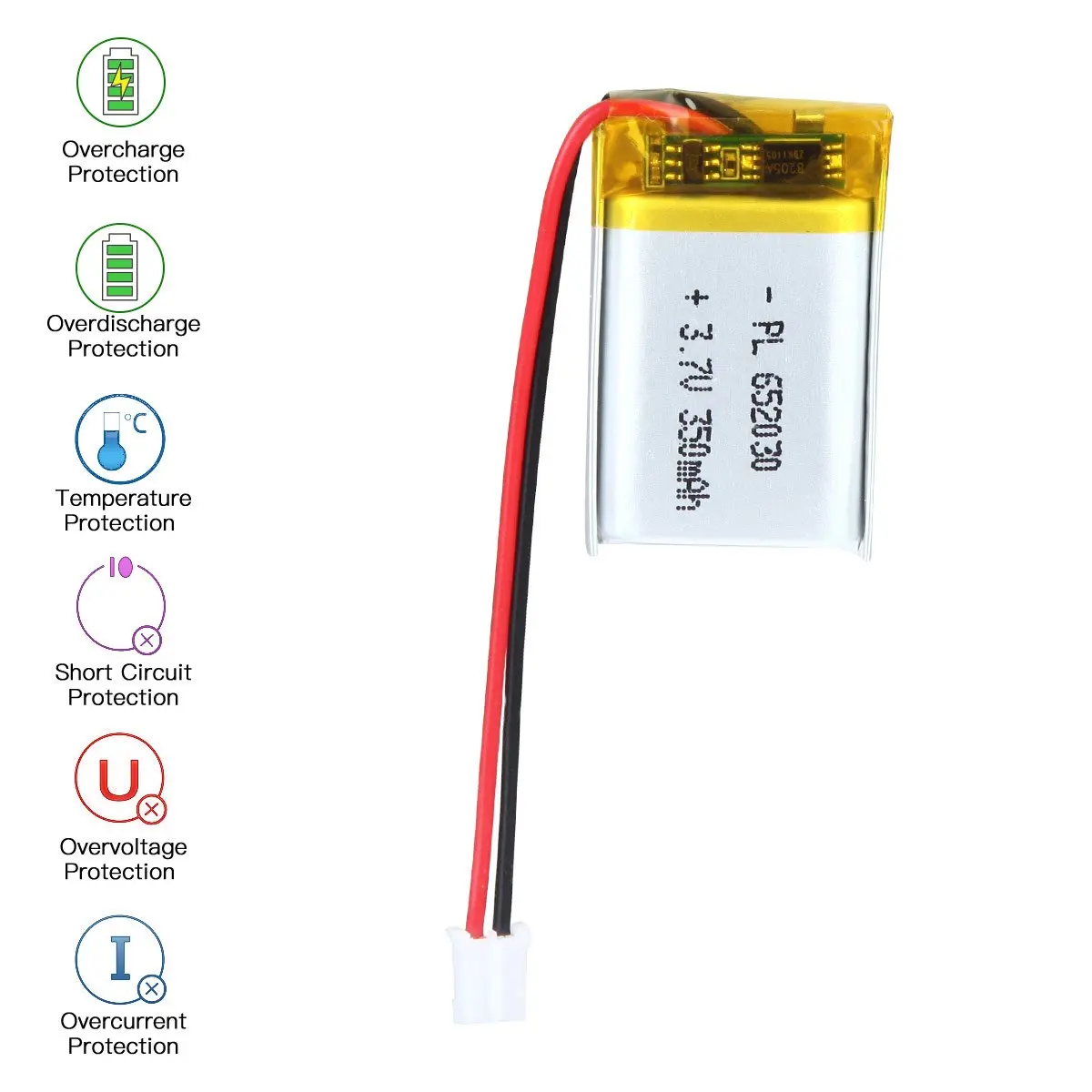 Batterie Lipo aste, 3.7V, 350mAh, 652030, longueur 32mm