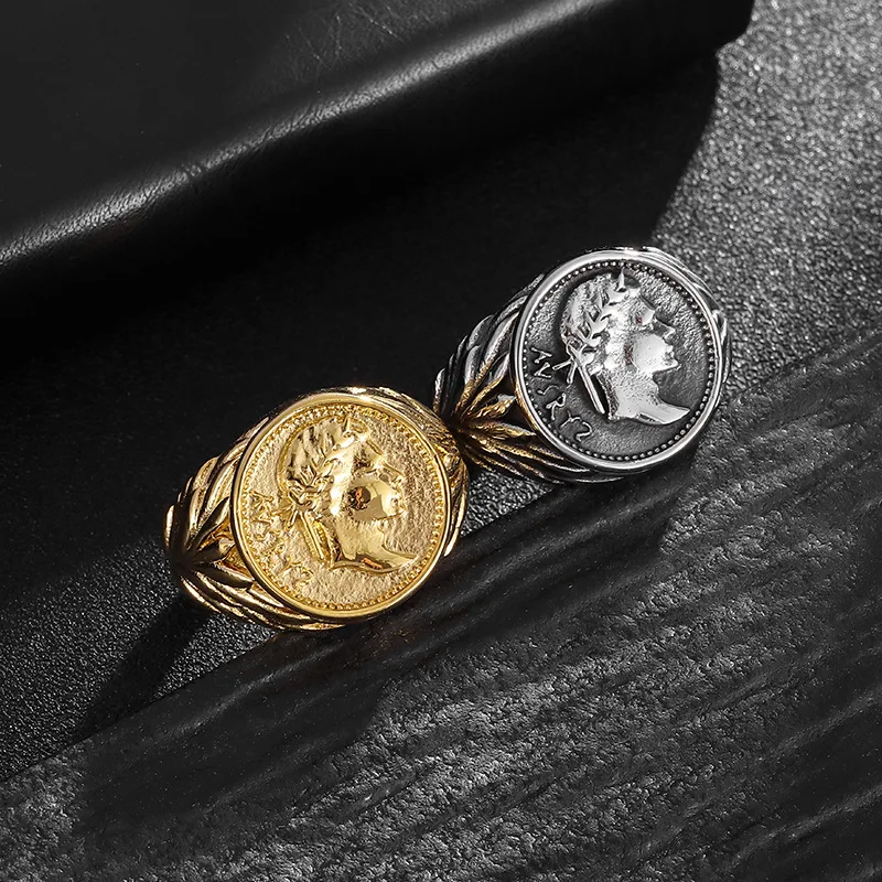 ULJ Punk Vintage Roman Caesar Head Rings Silver Color Stainless Steel Coin Jules Caesar Ring for Men Male Jewelry