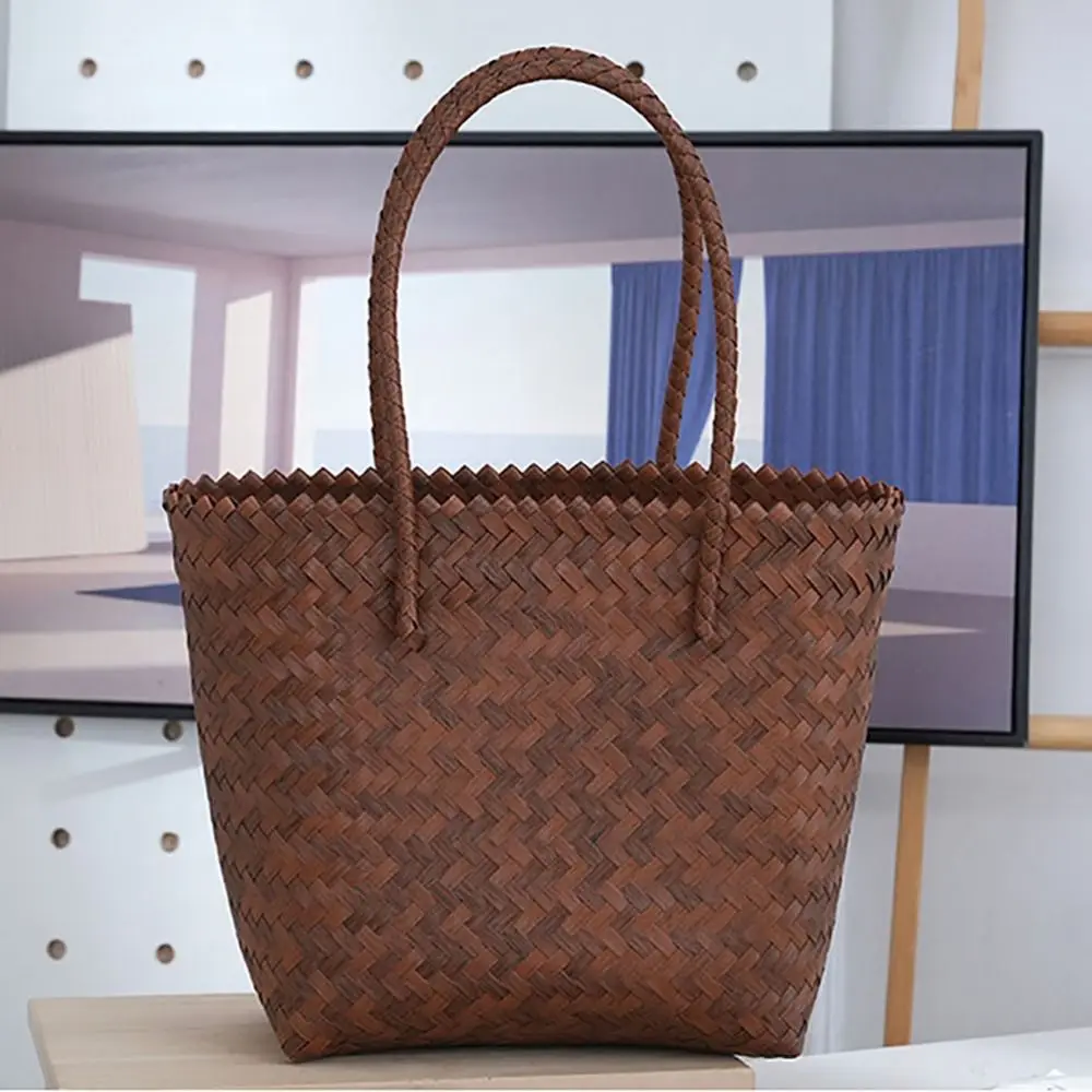 Portable PP Woven Handbags Woven Bamboo handle Shoulder Bags Hollow Large Capacity Shopping Tote Bags Female