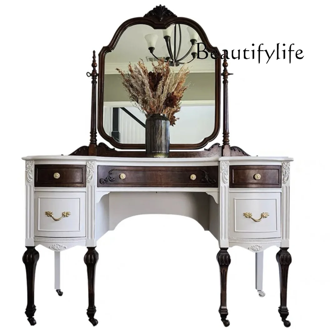 

French retro solid wood carved dresser household multi-functional drawer table with mirror makeup table