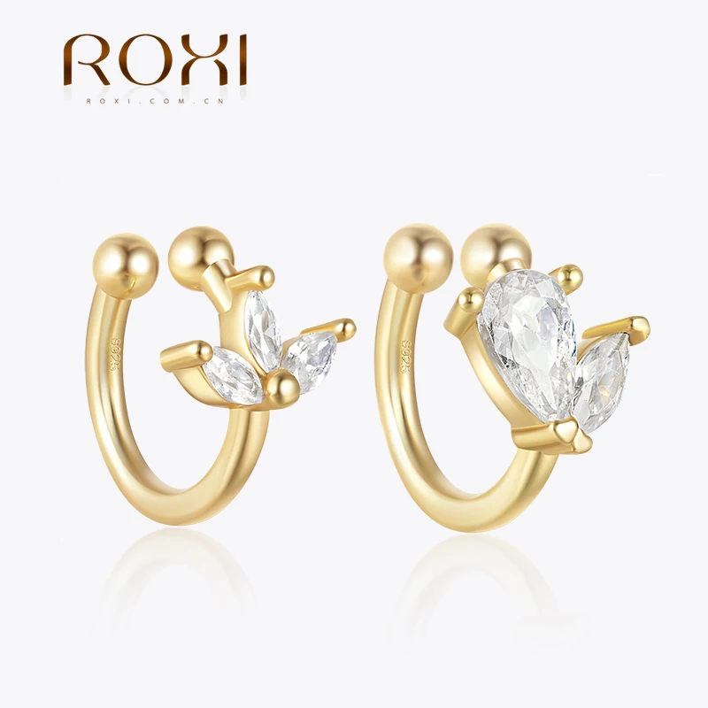 

ROXI 925 Sterling Silver 1 Piece Earcuff For Unpiered Ear Minimalist Microinlaid Zircon 18K Gold Color Clip Earrings For Women