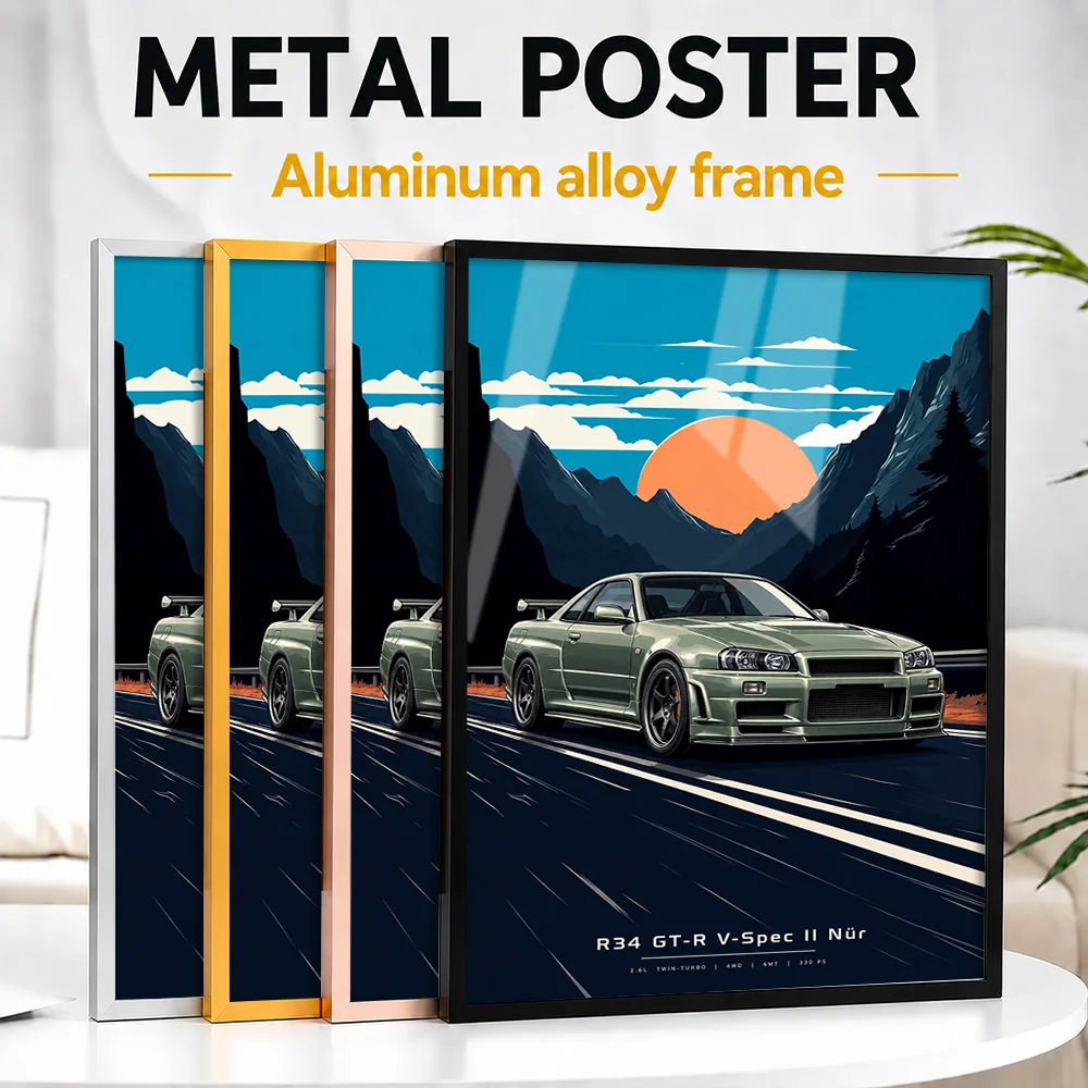 Japanese R34 GT-R V-Spec II Nür Millennium Jade Sports Car Framed Metal Poster Customized Road Icon Tribute Wall Art For Garage