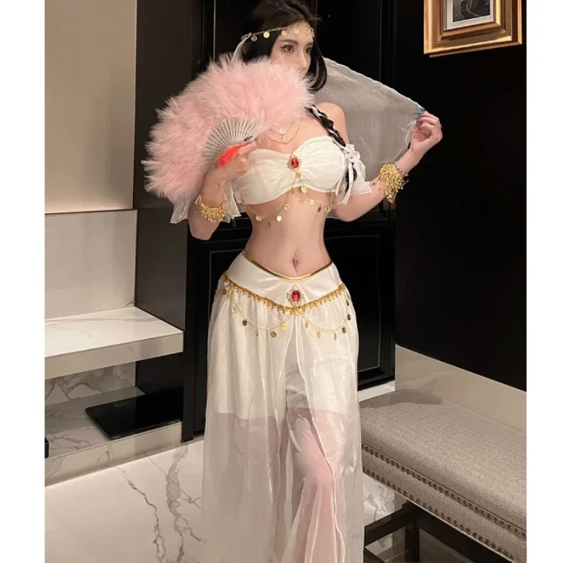 Costume de Princesse Jasmine Arabe pour Halloween, Vêtement de Cosplay, brevdu Ventre Indienne, avec Voile et Pantalon, Reine Égyptienne