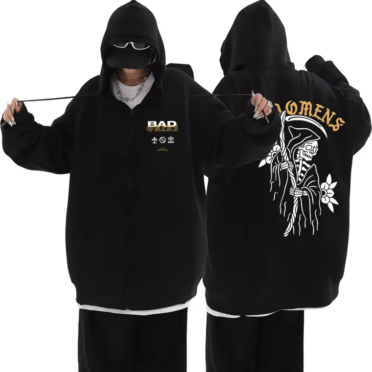 Rock Band Bad Omens The Death of Peace of Mind Skeleton Print Zipper Hoodie Vintage Male Zip Up Jacket Men Oversized Streetwear