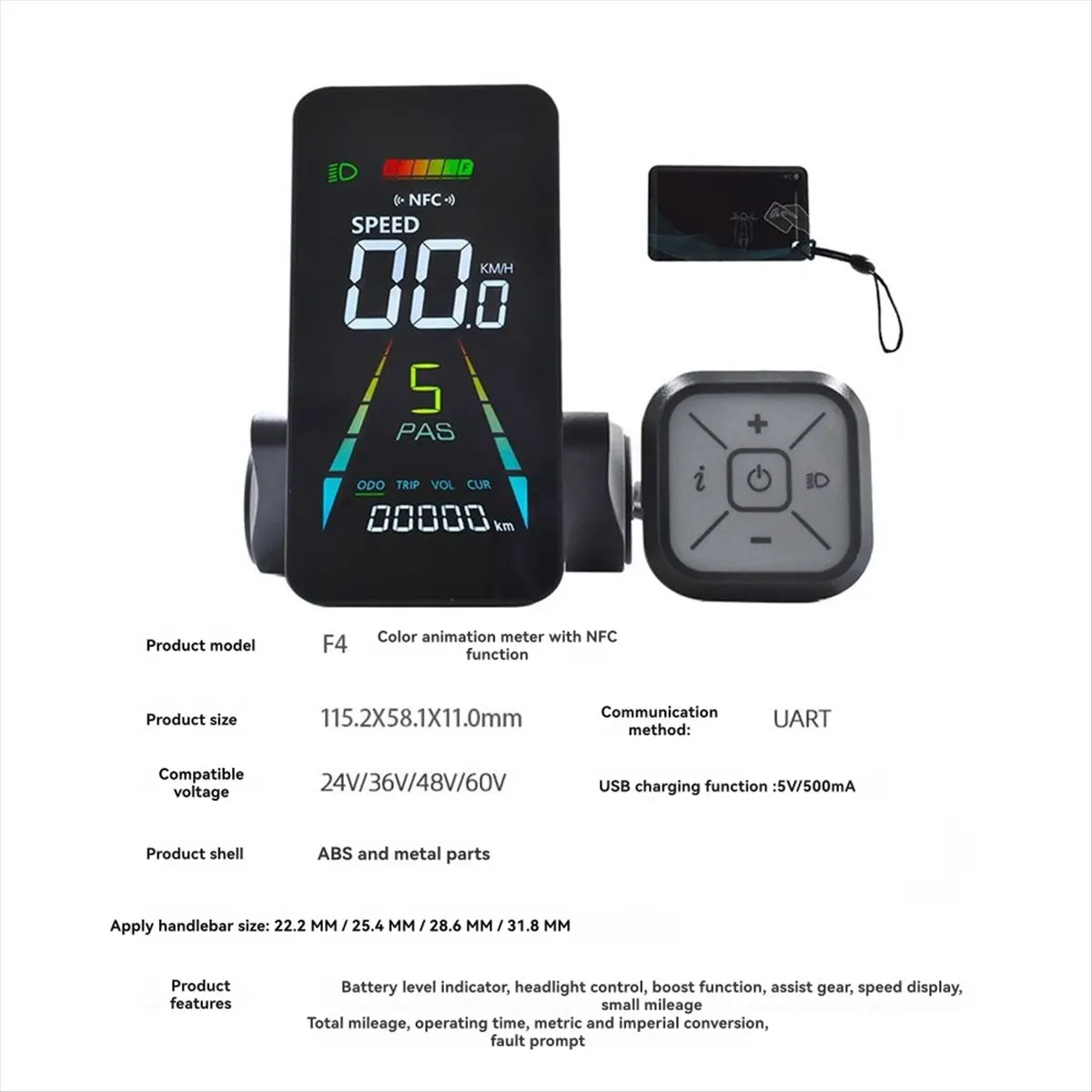 E-الدراجة NFC شاشة الكريستال السائل اللون الرسوم المتحركة متر 24 فولت/36 فولت/48 فولت/60 فولت UART عداد السرعة سكوتر كهربائي NFC LCD متر 6PIN #5