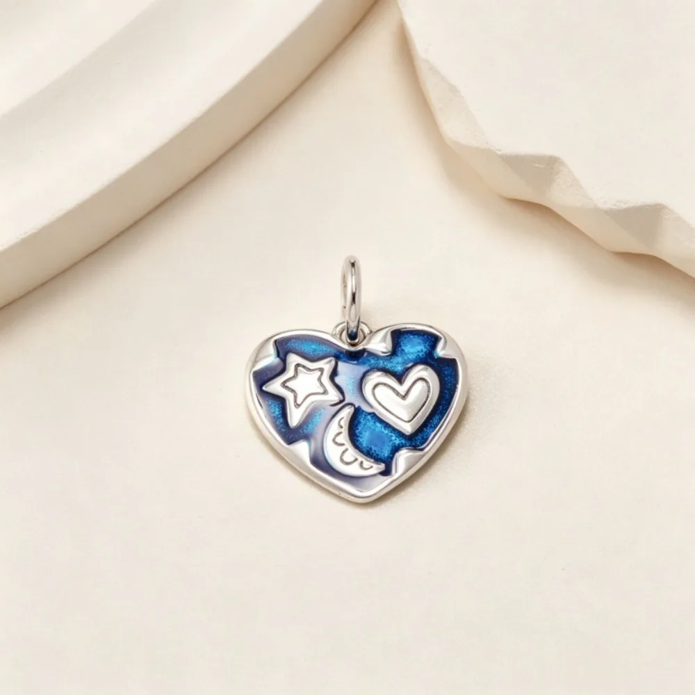 Silver‑Tone Blue Enamel Heart Dangle Charm Pendant Star Moon Love Symbol Bead With Jump Ring Fit Snake Chain