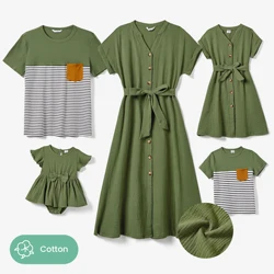 PatPat Family Matching Colorblock Stripe Tops and Army Green Cotton Crepe Short Sleeve Dresses Sets