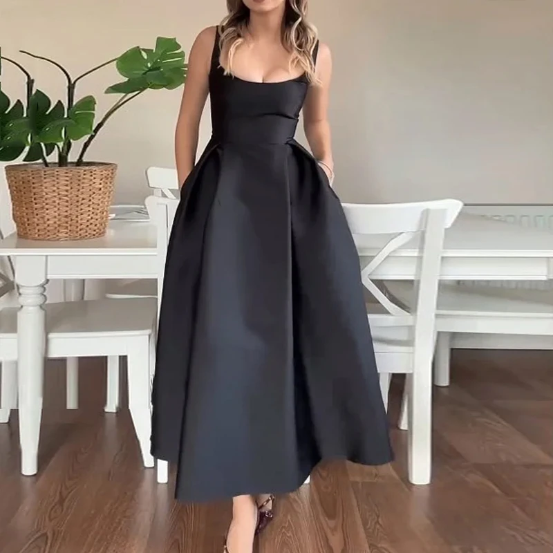 Ellafads Party Long Dress Women Summer Elegant Solid Sleeveless Pocket Suspender Round Neck Pleated Slim Backless Maxi Dresses