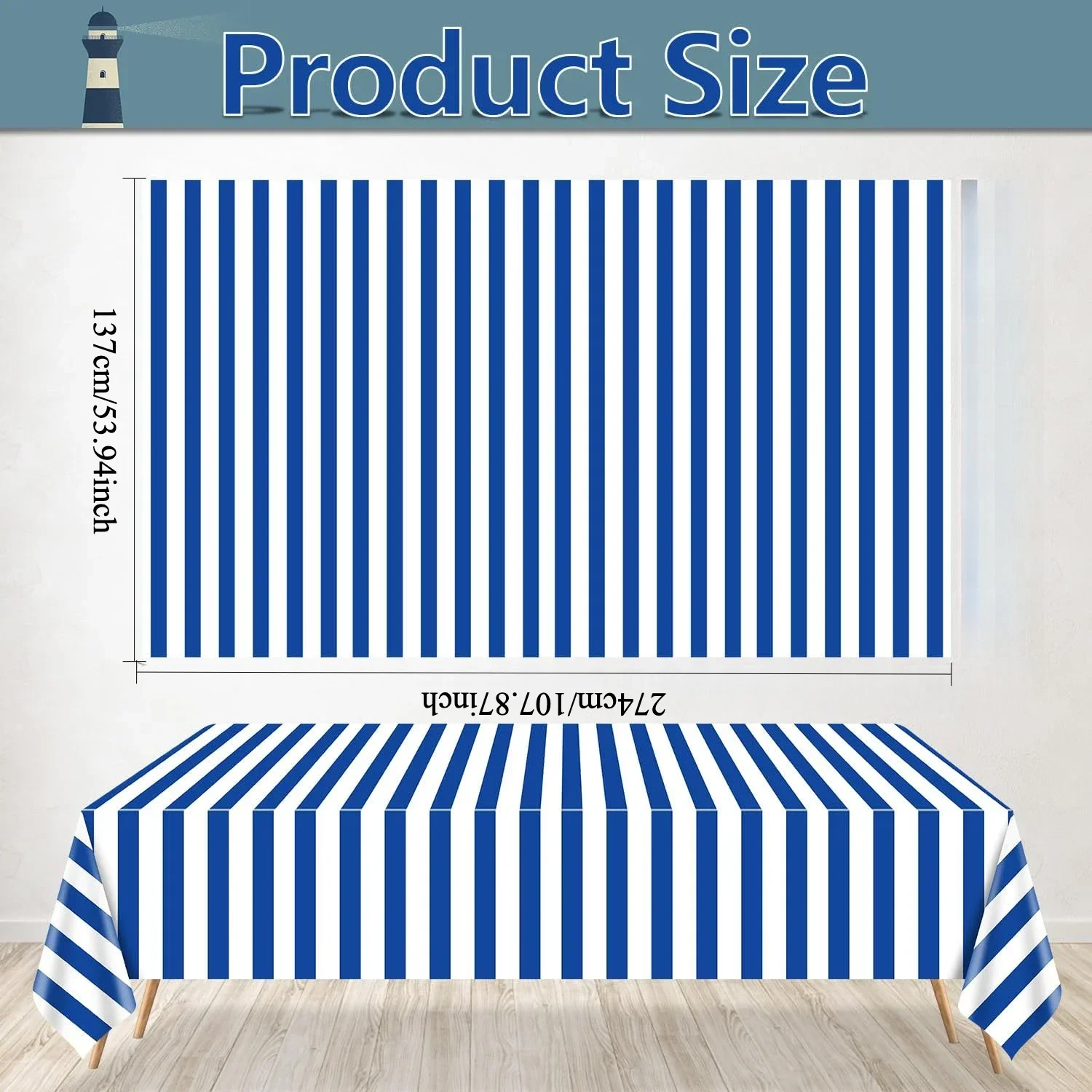 Nautical Blue White Striped Plastic Tablecloth Waterproof Rectangle Table Cover for Beach Party Kitchen Dining Decor 54x108 Inch