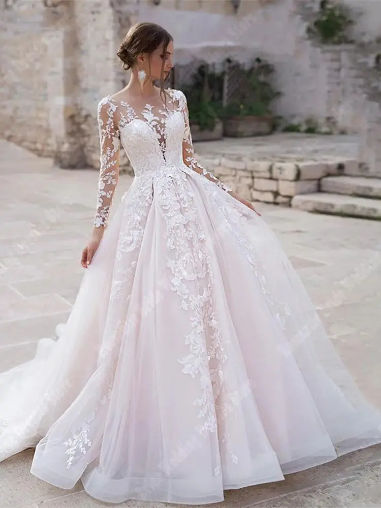 Vestidos De novia De manga larga con cuello redondo, Vestidos De novia brillantes con espalda descubierta, línea A, longitud para fregar, Vestidos De novia personalizados