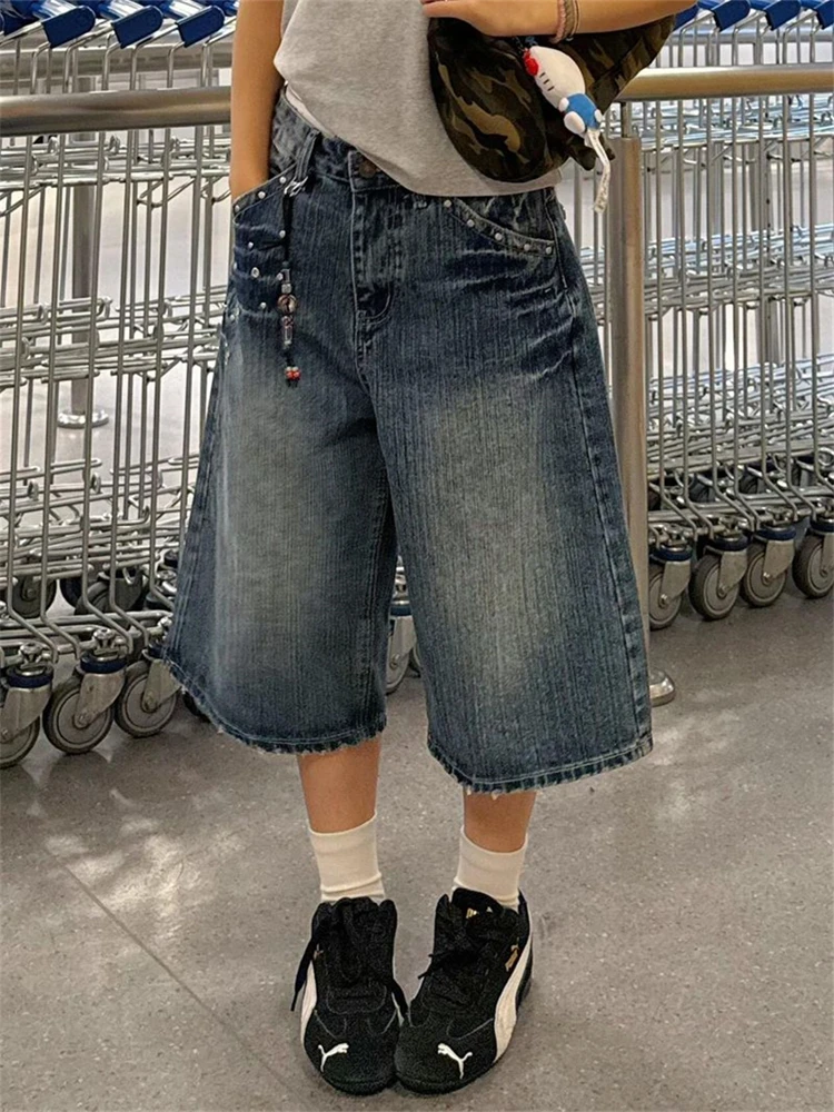 

Blue Womens Calf-length Jeans High Waist Vintage Design Hip Hop Straight Baggy Denim Pants Street Y2K Wide Leg Denim Trouser