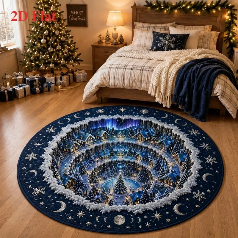 Flannel Area Carpet 2D Flat 3D Illusion Winter Village Rug Soft Fluffy Cozy Snow Town Entrance Bedroom Circle Blanket