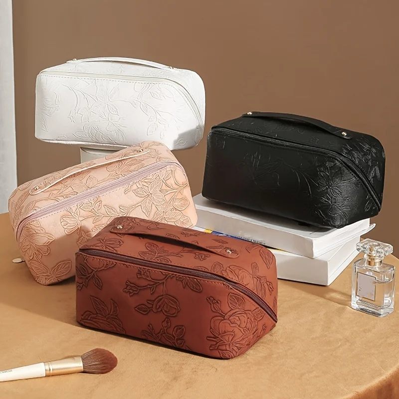 Borsa con cerniera per trucco con motivo floreale in stile retrò, borsa da toilette con cerniera in tinta unita con manico