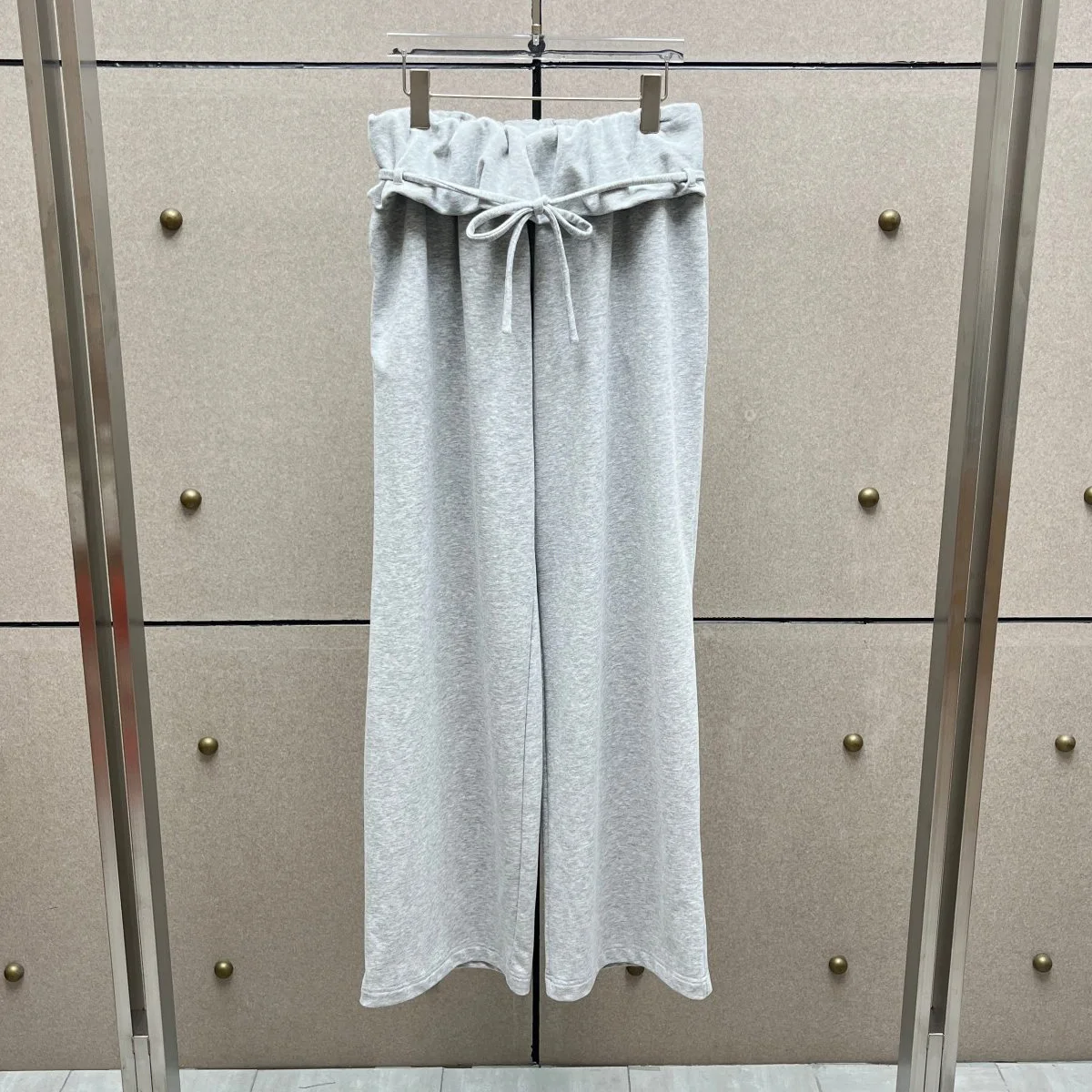 High Quality Women Paperbag Waist Wide Leg Sweatpants Self‑Tie Belt Elastic Waistband Loose Solid Color Long Trousers