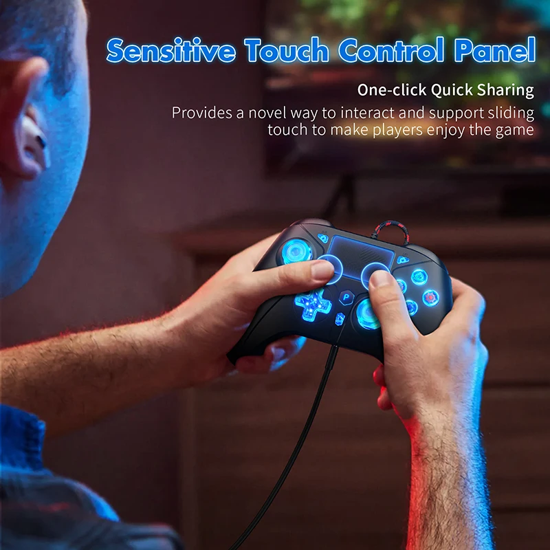 وحدة تحكم P5 RGB لوحدة التحكم PS5/4/PC 2M لوحة ألعاب سلكية طويلة جدًا مع اهتزاز توربو مزدوج لا تأخير توصيل فوري للتحكم في الألعاب
