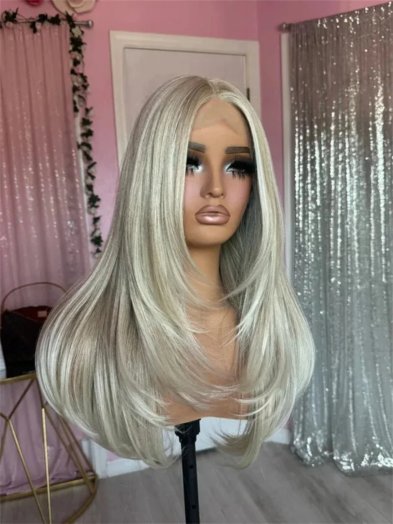 Layered Lace Wig Female Ombre Platinum Blonde with Ash Brown Roots Natural Straight Wig Synthetic Fibre Mixed 5% Human Hair Wig