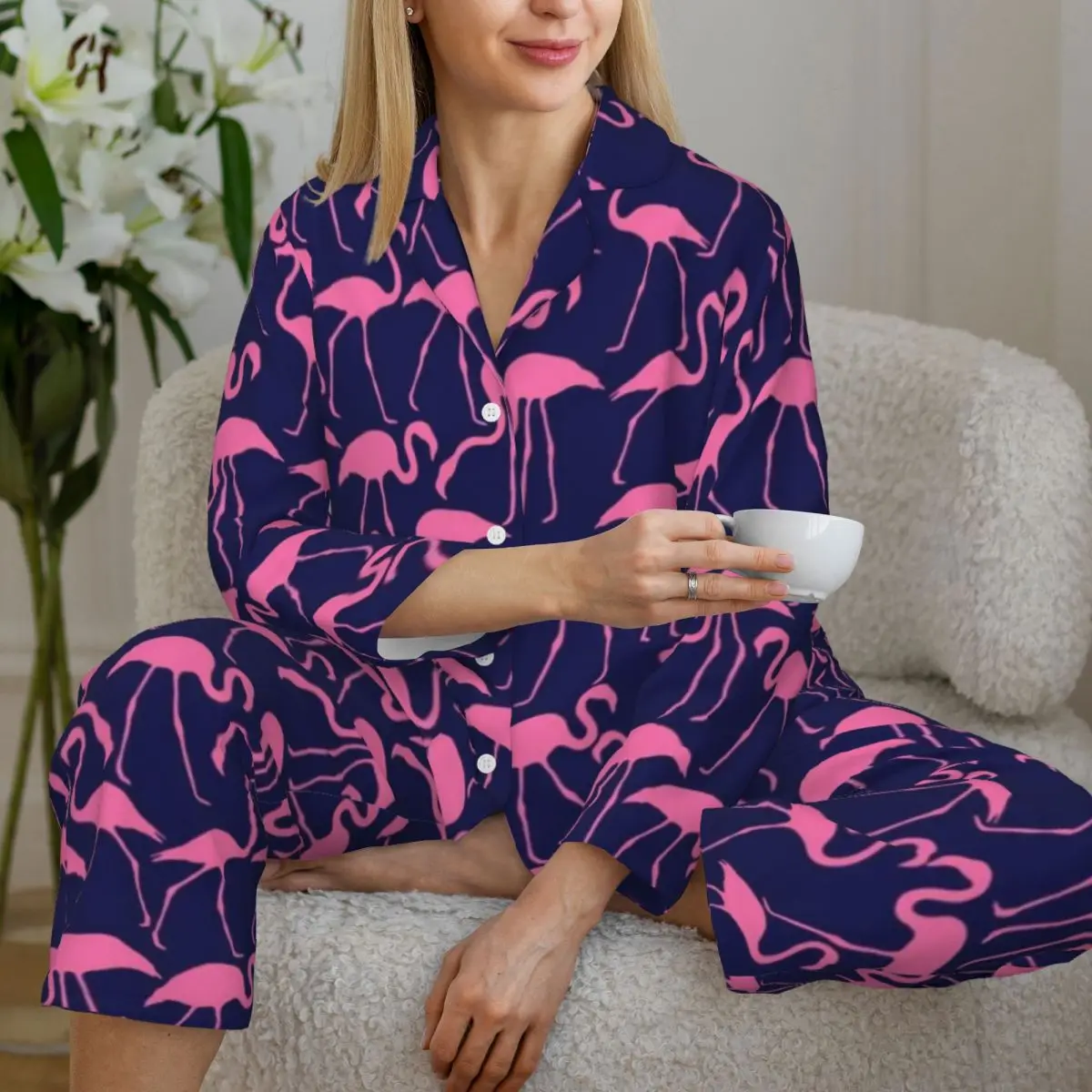 Pink And Navy Flamingo Pajamas Woman Animal Print Warm Leisure Sleepwear Spring Two Piece Aesthetic Oversize Graphic Pajama Sets