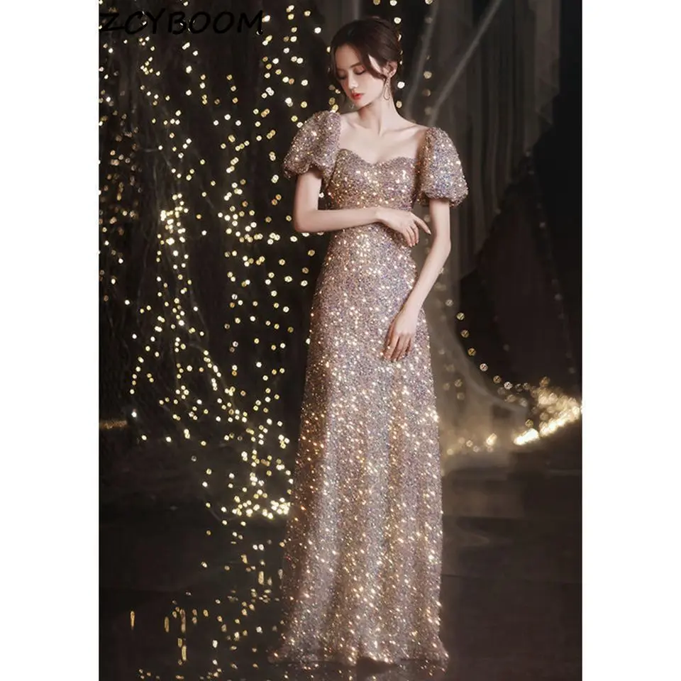 2022 Champagne Sequined Evening Dresses Women Formal Party Night Off The Shoulder Vestido De Gala Wine Red Graduation Prom Gowns