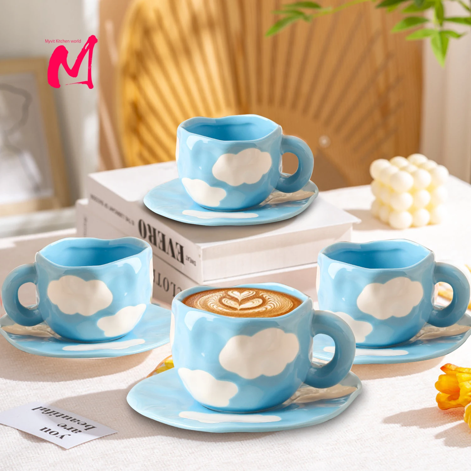 Tazza da caffè in ceramica fiore dipinta a mano da 4 pezzi con piattino colazione tè tazza da latte colazione tazza di farina d\'avena Set regalo