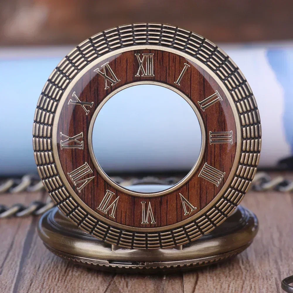 Vintage Wood Men's Mechanical Pocket Watch Roman Numerals Dial Open Face Design Antique Stylish Pendant Pocket Clock Male