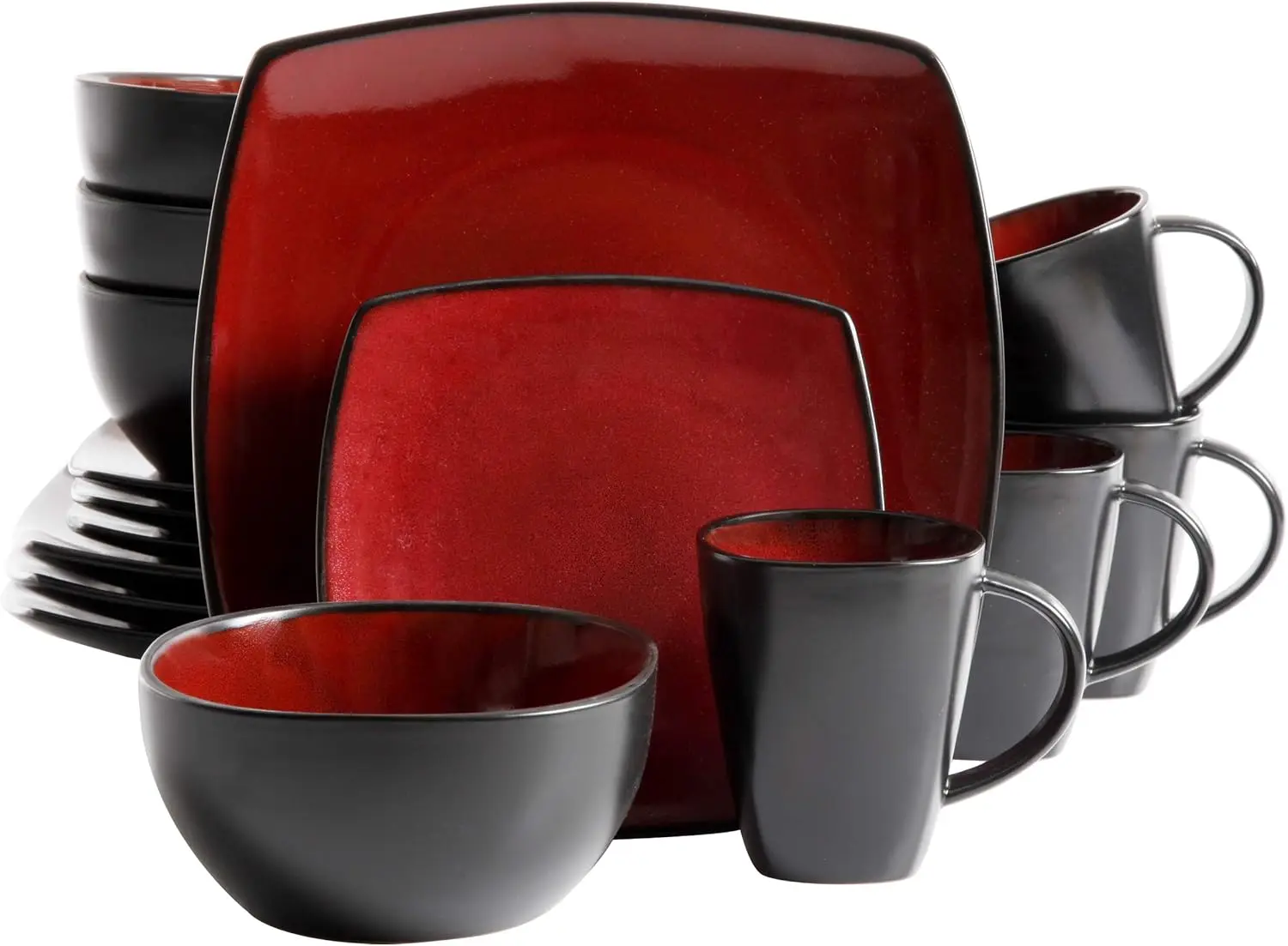 

Square Reactive Glaze Dinnerware Set, Red, Service for 4 (16pcs),Dishwasher Safe