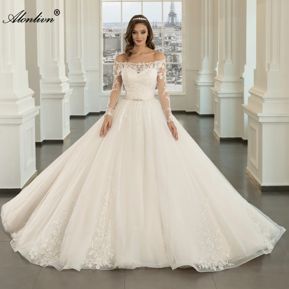 Alonlivn Vintage Boat Neck Appliques Lace Off Shoulder Sleeves Ball Gown Wedding Dresses Novias