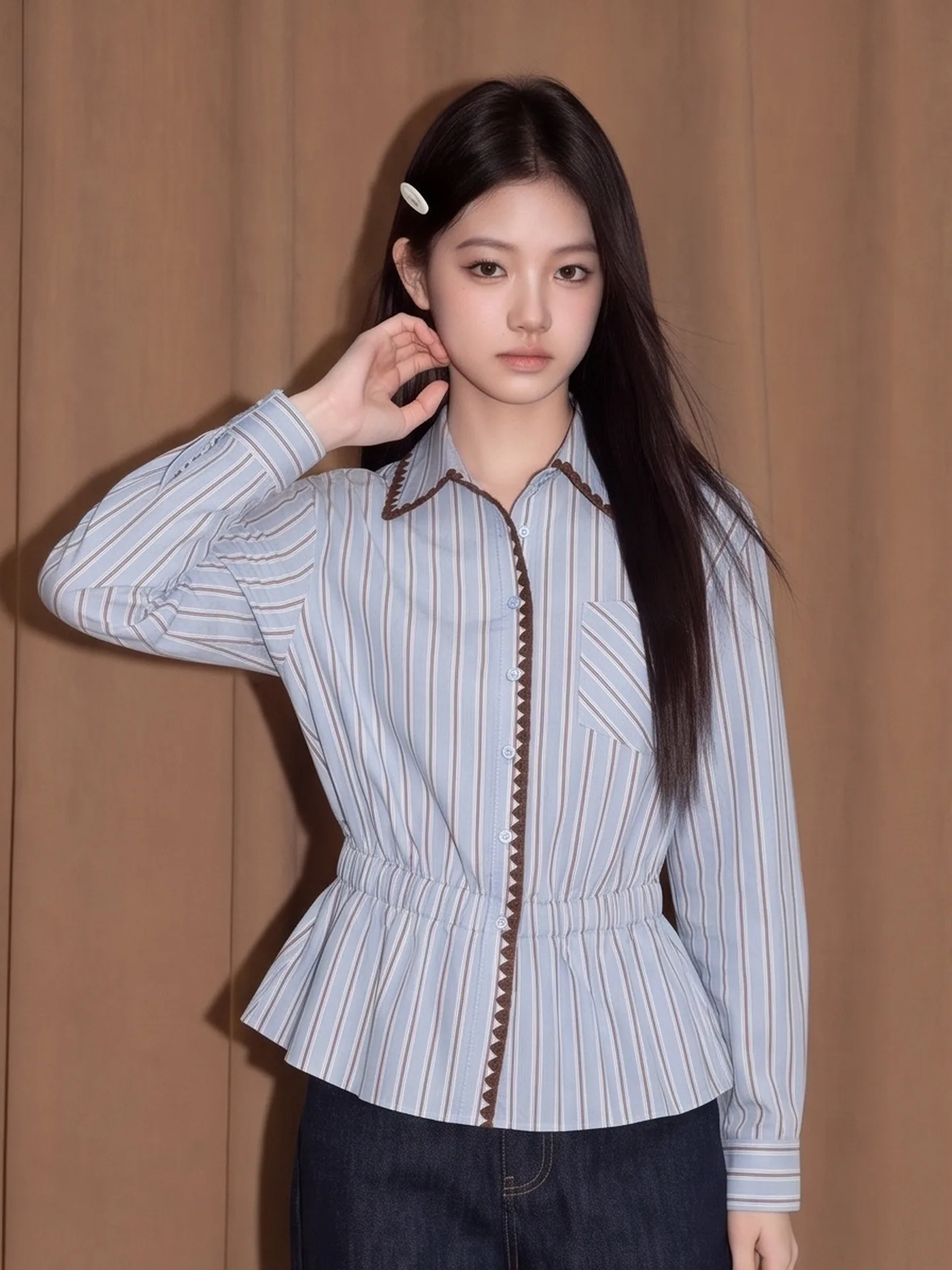 Elegant Blue Striped Long Sleeve Women's Shirt with Belt Waist Cinching Commute Style Korean Version Formal Casual Shirt