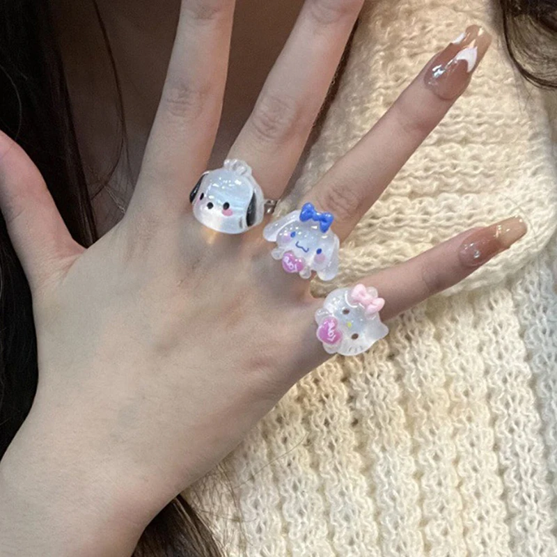 Sanrio Ring Kuromi Hello Kitty My Melody Kawaii Anime Cinnamoroll Open Adjustable RingWith Love Box Girl Heart Decorate Toy Gift