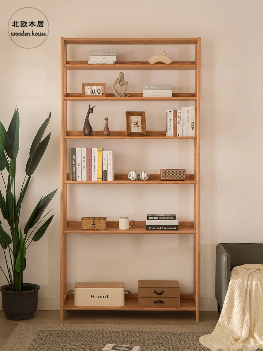 Red Oak Bookcase Cherrywood Solid Wood Floor Simple Multi-Layer Trapezoidal Simple Nordic